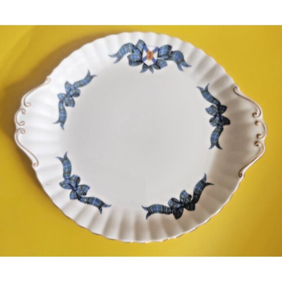 Vintage Royal Albert Cake Plate  Blue Tartan Bow Montrose Shape 10" - Picture 1 of 9